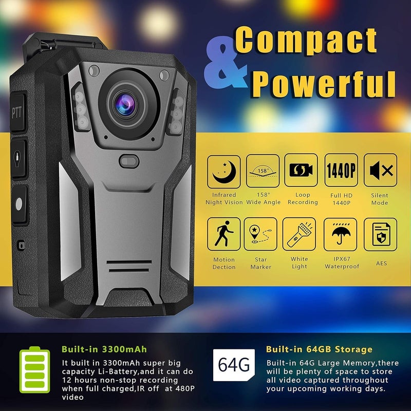 Aolbea P100 2K Police Body Camera 128GB Body Cam 12 Hours Continuous Recording USB-C Infrared Night Vision Waterproof Shockproof Lightweight Data-encrypt for Law Enforcement Record - Image 3